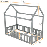 Wood House Bed With Fence And Door