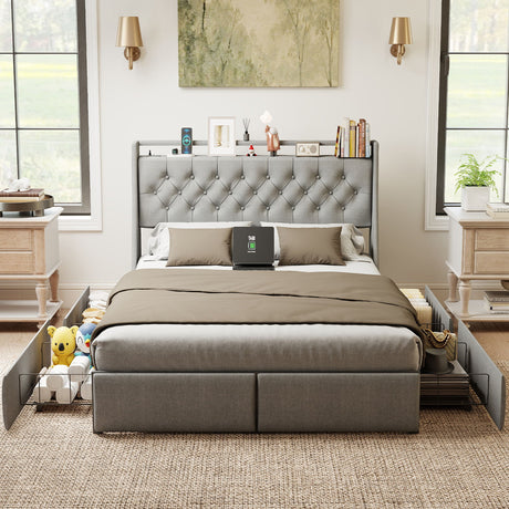 Platform Bed Frame With RGB LED Lights, Charging Station, Storage Headboard & 4 Underbed Drawers