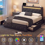 Upholstered Bed Frame With LED Lights, 4 Storage Drawers, Charging Station