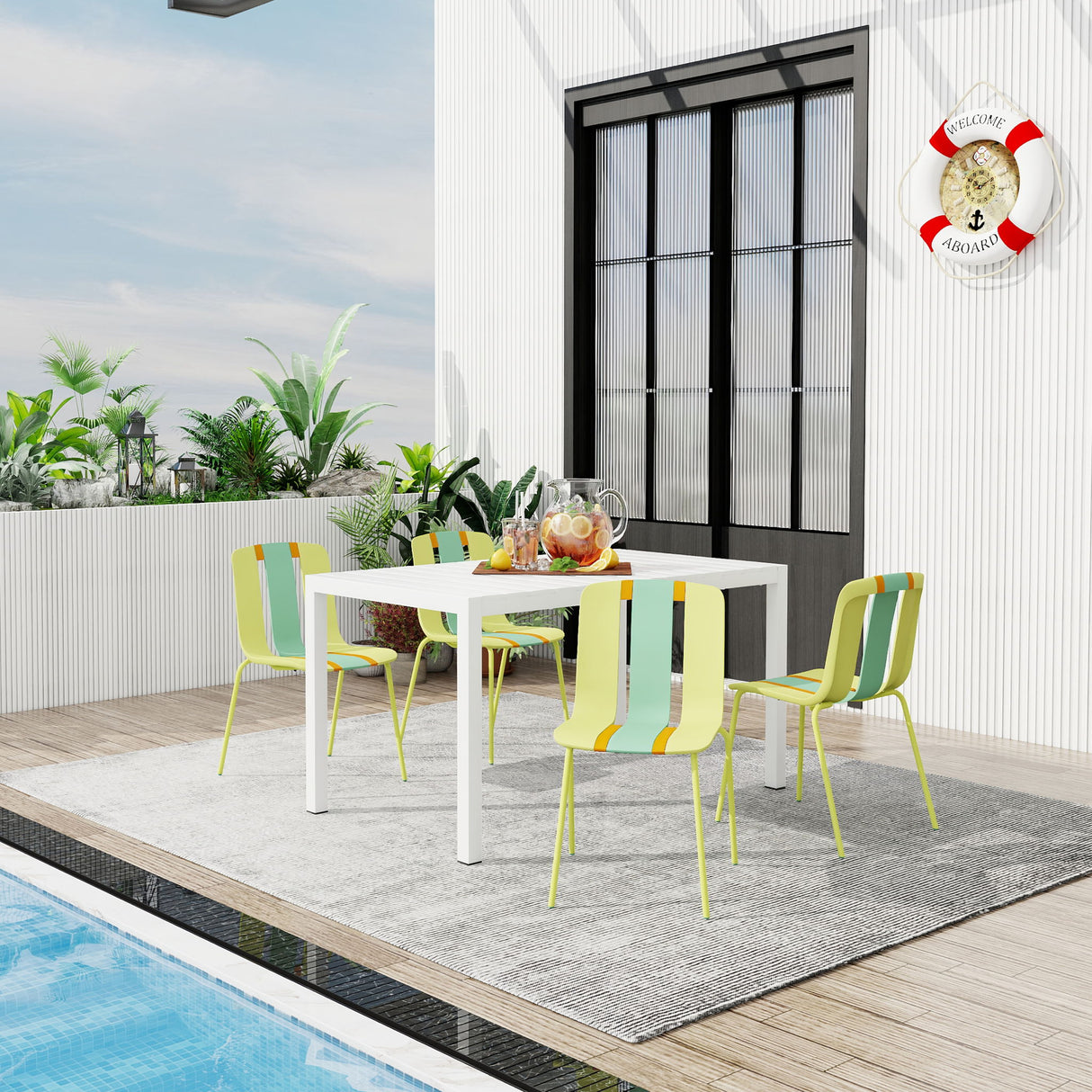 4 Piece Set Of Striped Color Blocking Single Chairs & Long Table - Grain Yellow / Haze Green / Tropical Orange / White