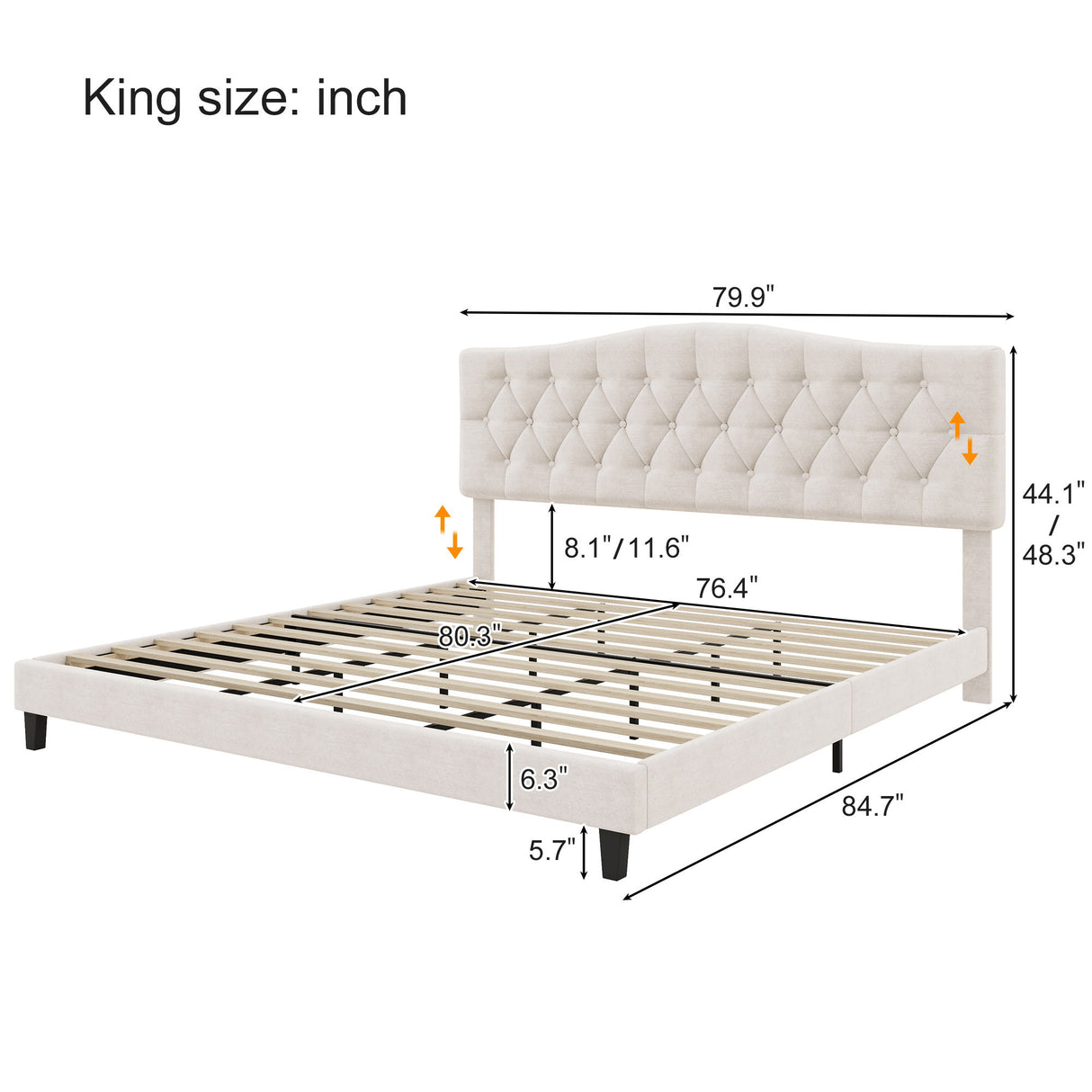 King Upholstered Platform Bed With Curved Adjustable Headboard And Diamond Tufted Details, No Box Spring Needed - Beige