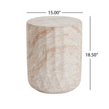Outdoor / Indoor Lightweight Concrete Side Table, Cylinder Travertine Finish Accent Table - Beige