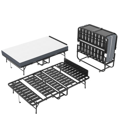 Twin Extra Long Folding Bed With Adjustable Headboard, Cot With Memory Foam Mattress - Black