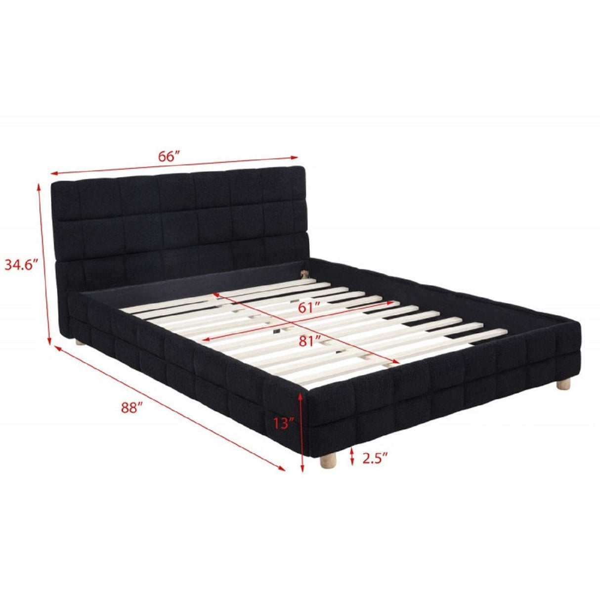 Modern Platform Bed With Upholstered Grid-Patterned Headboard
