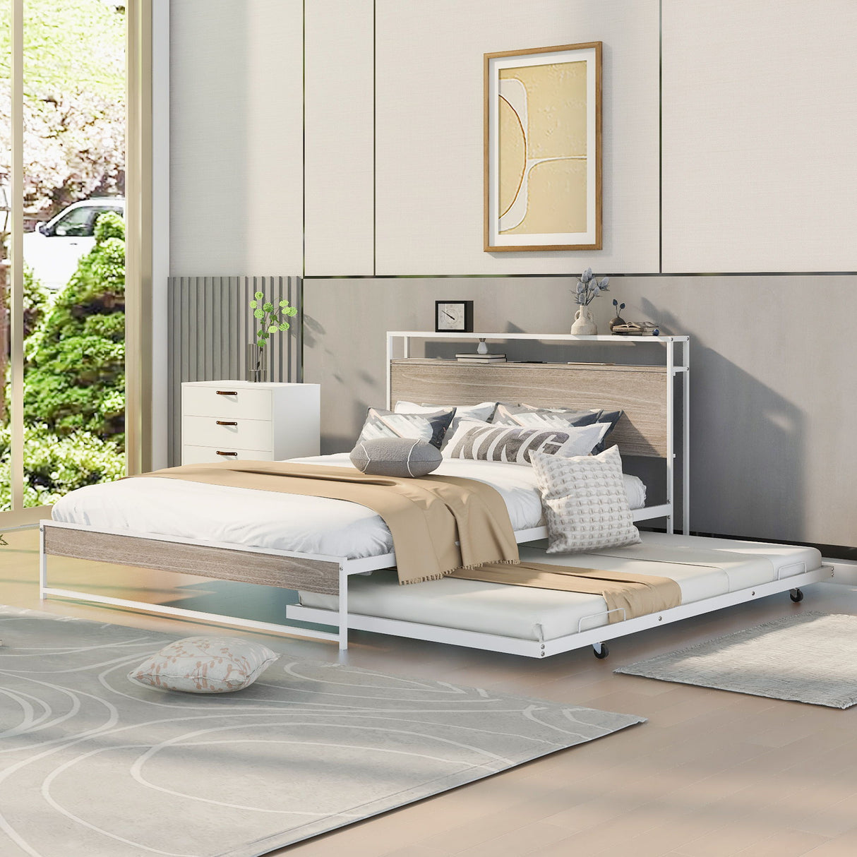 Platform Bed Frame With Trundle, USB Ports And Slat Support, No Box Spring Needed