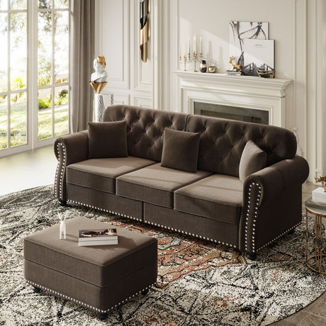 Upholstered 3 Seater Sofa Set With Ottoman