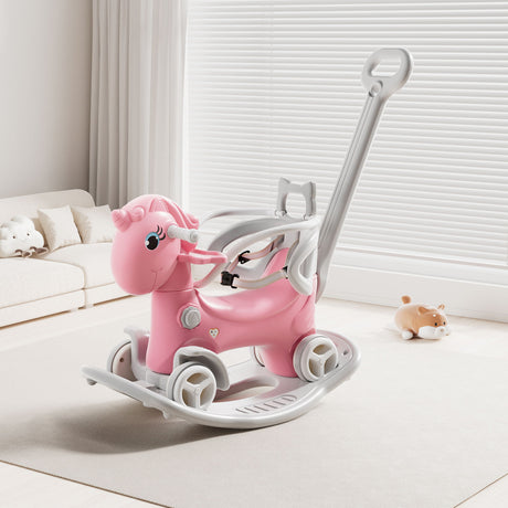 Unicorn Rocking Horse For Toddlers, Ride On Toy With Push Handle And Balance Board - Pink