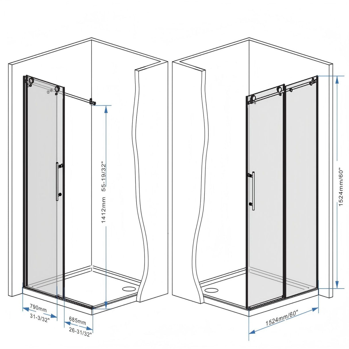 Frameless Shower Door, Smooth Sliding Tracks