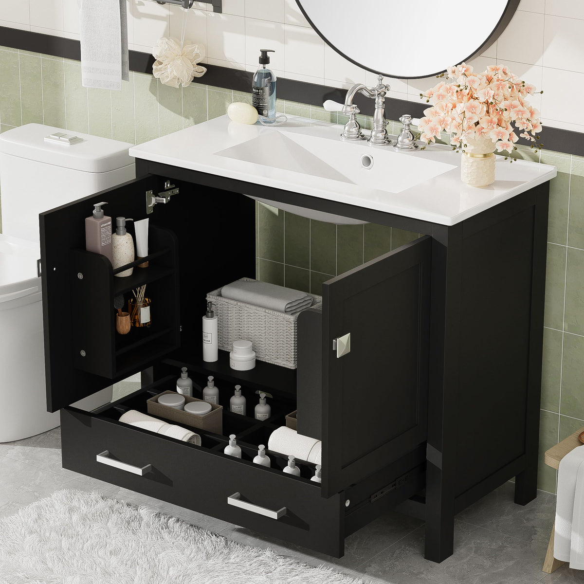 Bathroom Vanity With Sink, Soft Close Doors, Double Shelves & Divided Drawer