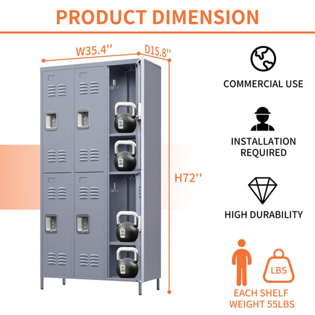6 Door Lockers With Lock For Employees, Storage Cabinet For Home, Gym, Office, School, Garage - Gray