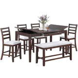 6 Piece Counter Height Dining Set Table With Storage Ladder Back Chairs And Bench - Walnut