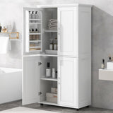 Tall And Wide Bathroom Floor Storage Cabinet With 4 Doors, Adjustable Shelves - White