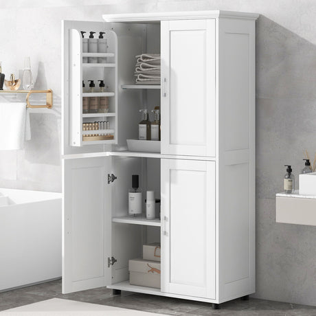 Tall And Wide Bathroom Floor Storage Cabinet With 4 Doors, Adjustable Shelves - White