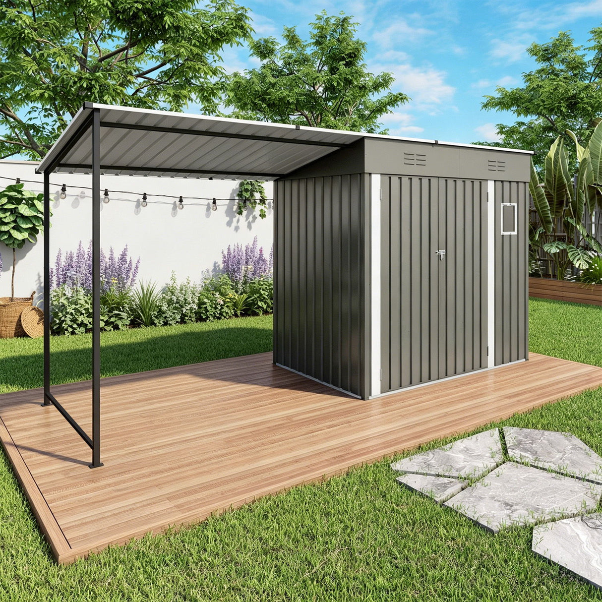 Lean To Shed With Open Sided Pergola, Outdoor Storage Shed & Attached Hardtop Gazebo Combo - Gray