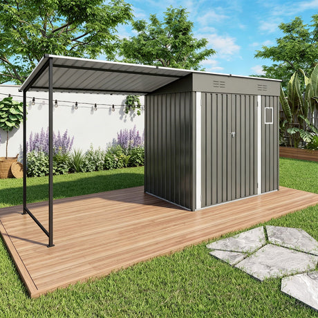 Lean To Shed With Open Sided Pergola, Outdoor Storage Shed & Attached Hardtop Gazebo Combo - Gray
