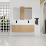 Floating Double Sink Bathroom Vanity Set With Tall Linen Cabinet, Extra Large Storage, Integrated Sink, Soft Close Doors - Glossy White / Light Oak