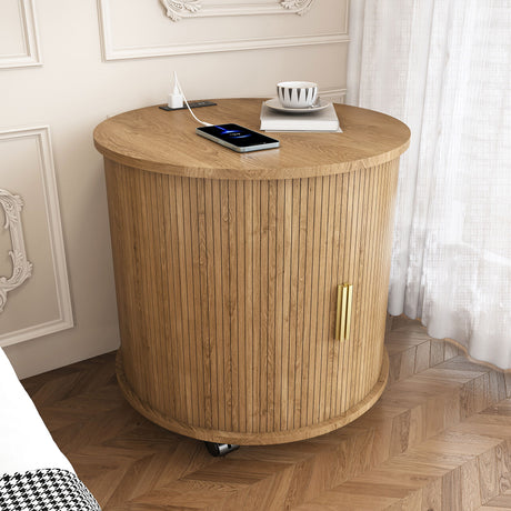 Cylinder Nightstand With Charging Station & Sliding Door