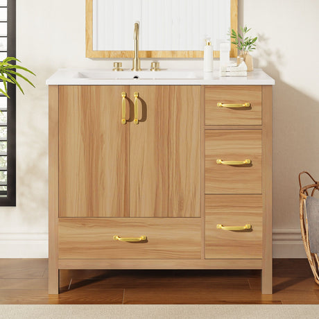 Bathroom Vanity, 2 Soft Close Doors, 4 Soft Close Drawers, Adjustable Shelf, Storage Cabinet - Acacia Wood