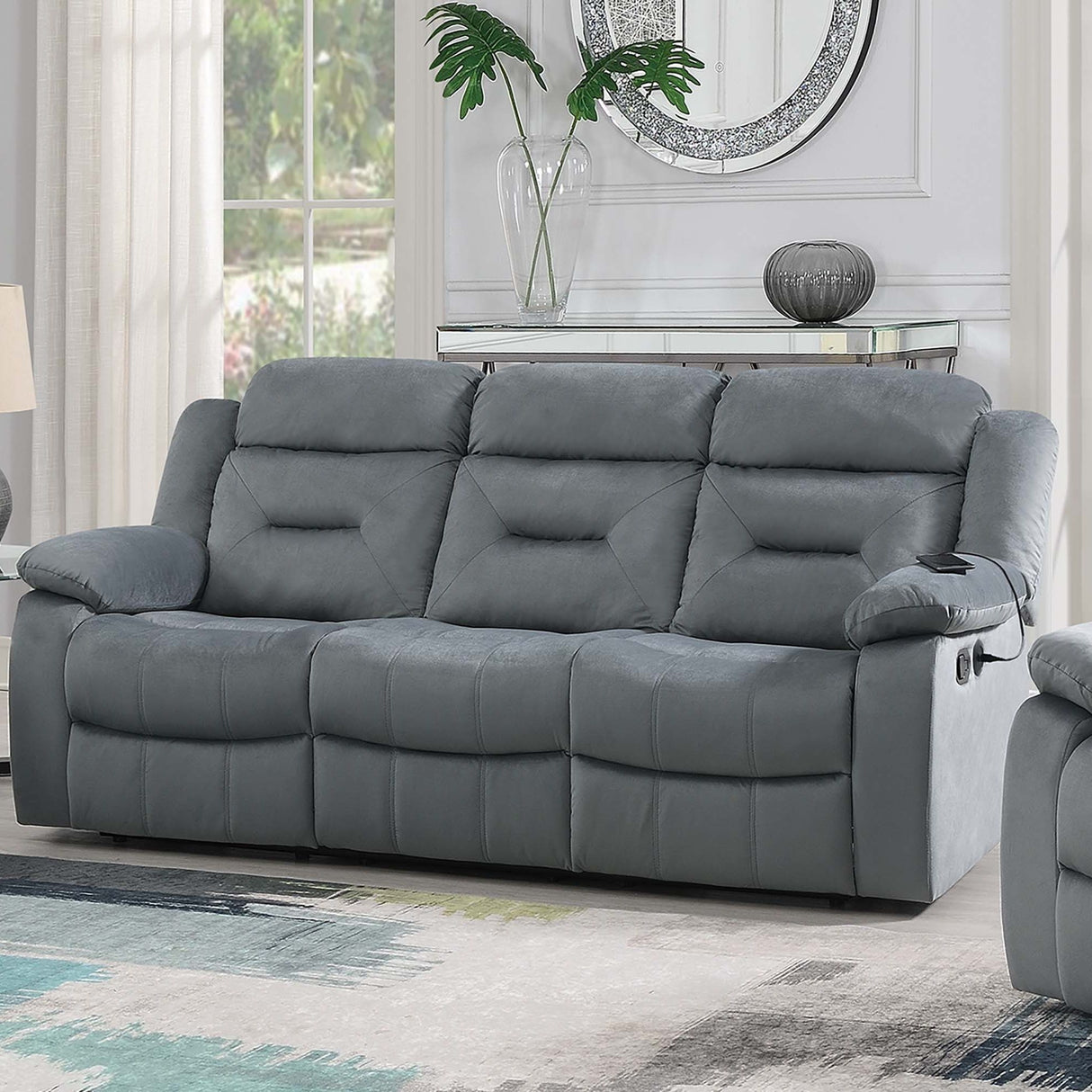 Modern Recliner Sofa With Pillow Arms, Plush Backrest, Horizontal Tufting, USB Charging Port