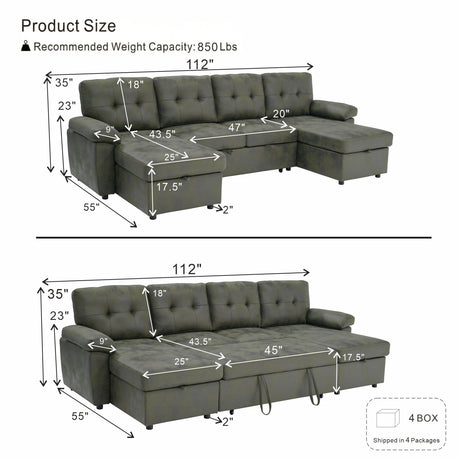 Convertible Sectional Sofa Bed With Pull Out Sleeper And Storage