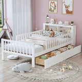 Bed With Headboard Storage Rack, 2 Under Bed Drawers, 3 Side Guardrails For Safety