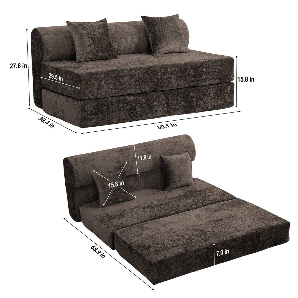 Convertible Design Sofa Bed, 2 Seater Fold Out Floor Couch