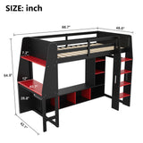 Gaming Loft Bed With Desk, Multi Storage Shelves, LED Lighting, And Hanging Clothes Rack