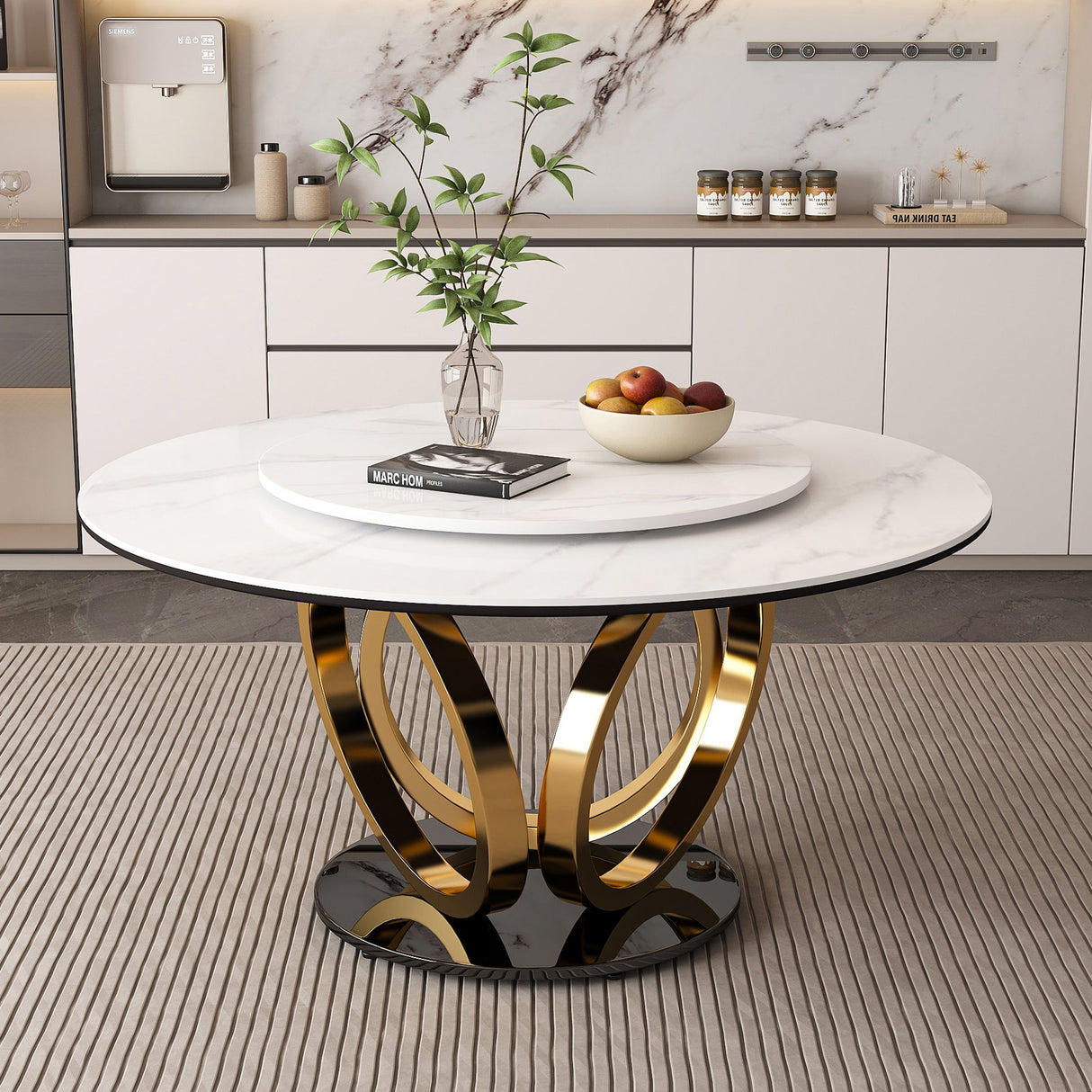 Round Dining Table With 360° Smooth Lazy Susan For Dining Room - Gold / Black / White