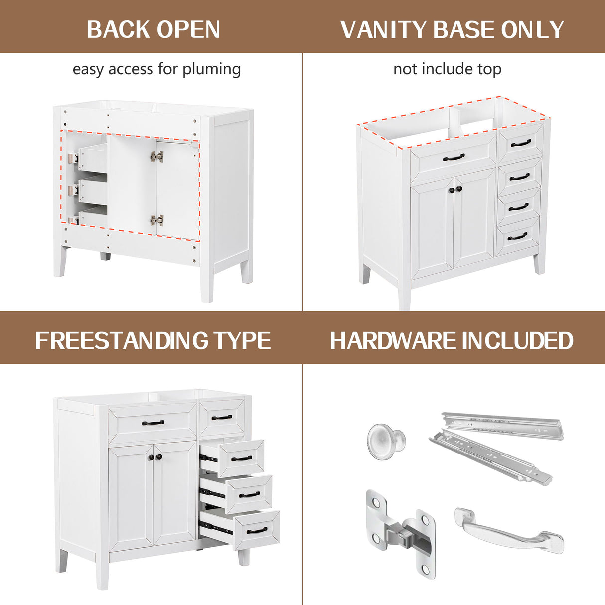 Modern Bathroom Vanity Base Only, 2 Doors And 3 Drawers