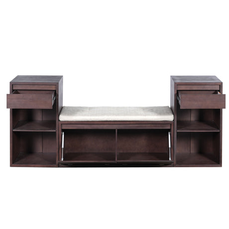 Entryway Storage Bench With Cushion, Drawers & Open Shelves