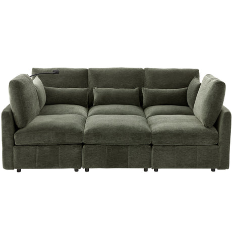 Modern Modular U-Shaped Sofa Bed With Movable Ottoman, USB Ports, Phone Holder