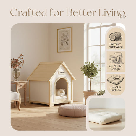 Indoor Dog House With Cushion Pet House For Small Dogs & Cats - Creamy White / Light Yellow