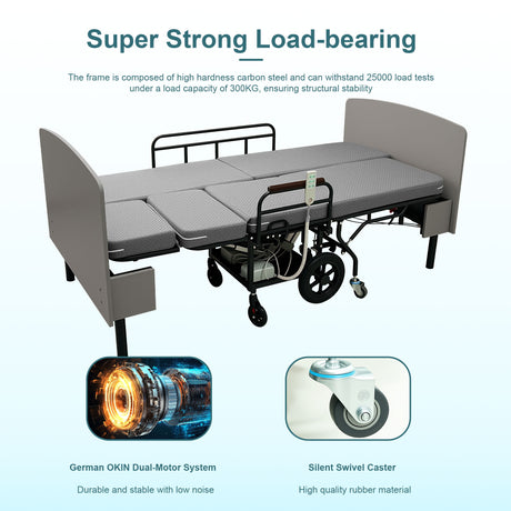 Dual Motor 3 In 1 Electric Nursing Bed Convertible To Wheelchair & Stretcher - Gray