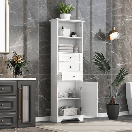 Tall Storage Cabinet With 3 Drawers And Adjustable Shelves For Bathroom