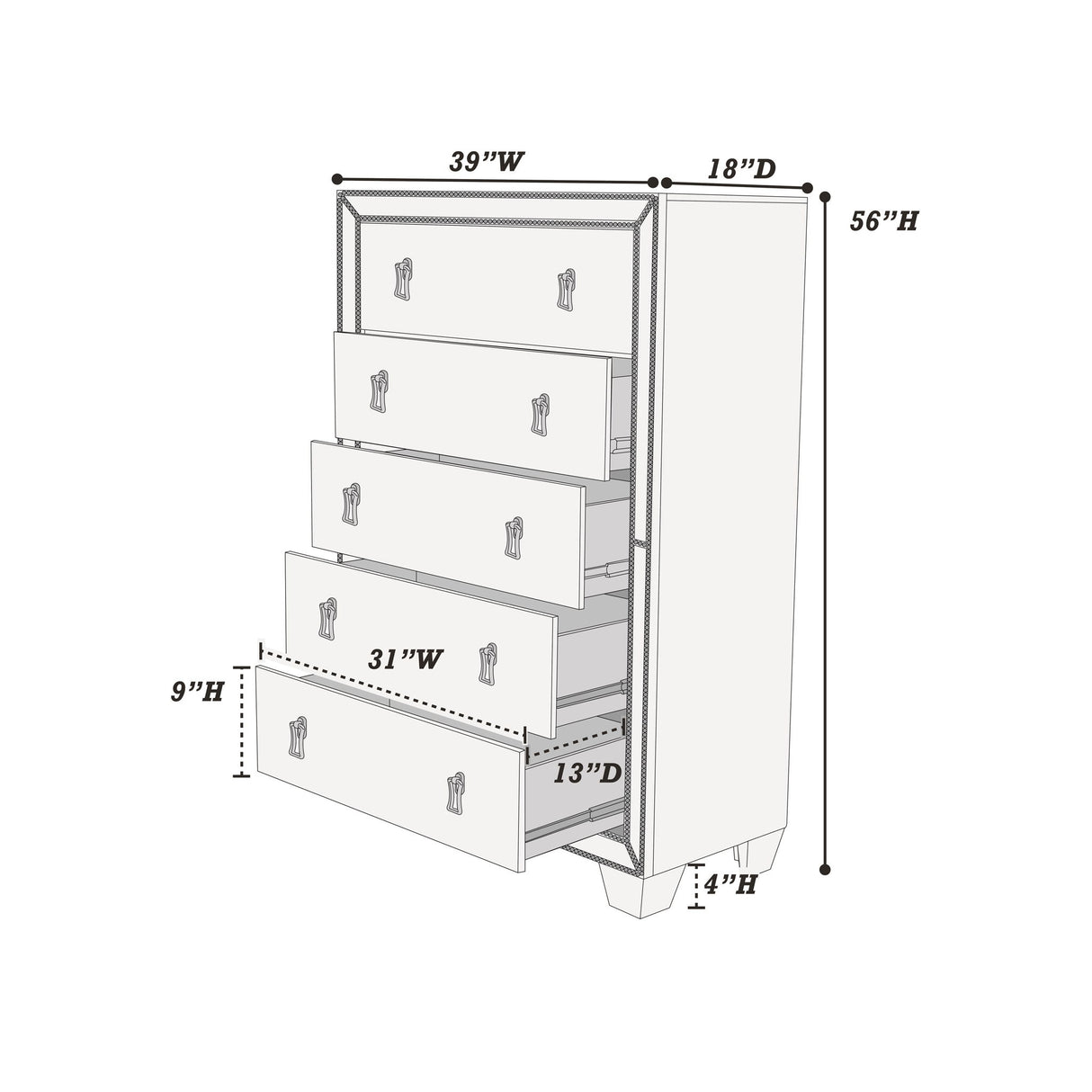 5 Drawer Chest Bedroom Furniture - Silver