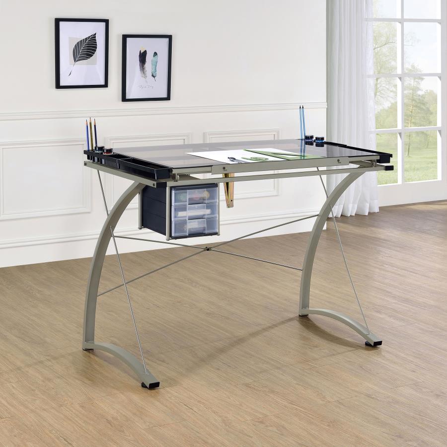 Melo 41-inch Glass Top Drafting Table with Storage Silver - 800986