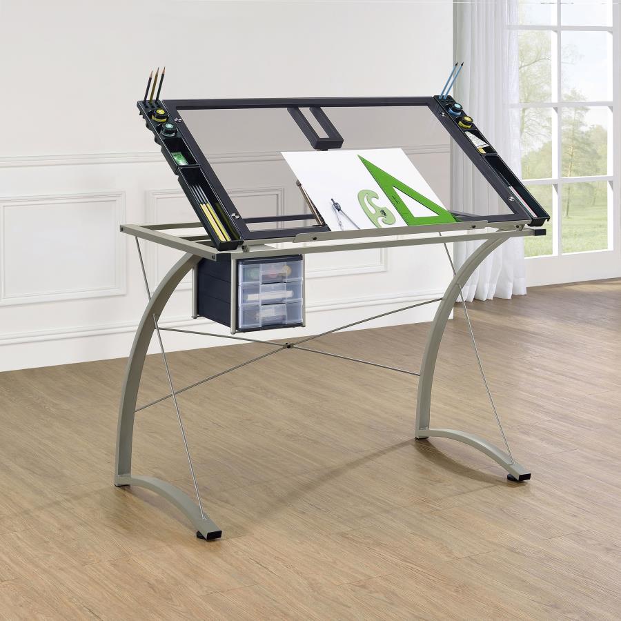 Melo 41-inch Glass Top Drafting Table with Storage Silver - 800986