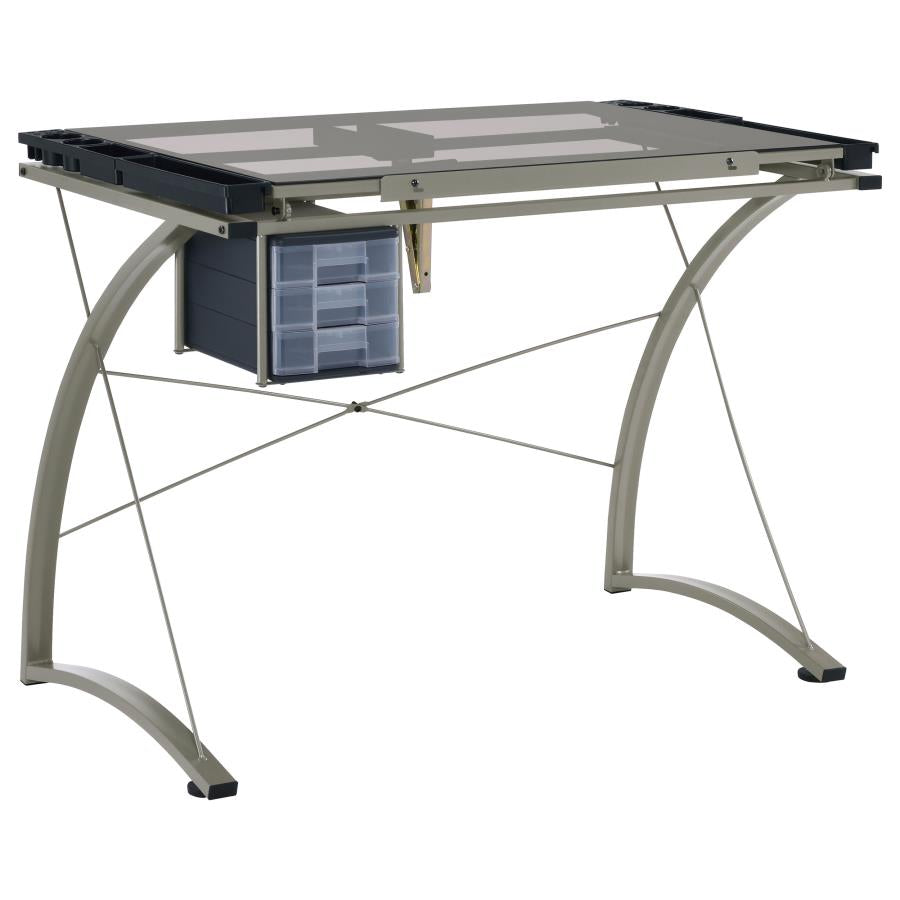 Melo 41-inch Glass Top Drafting Table with Storage Silver - 800986