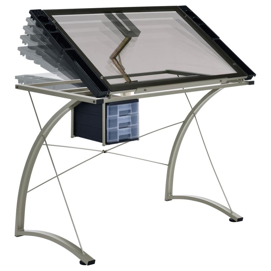 Melo 41-inch Glass Top Drafting Table with Storage Silver - 800986