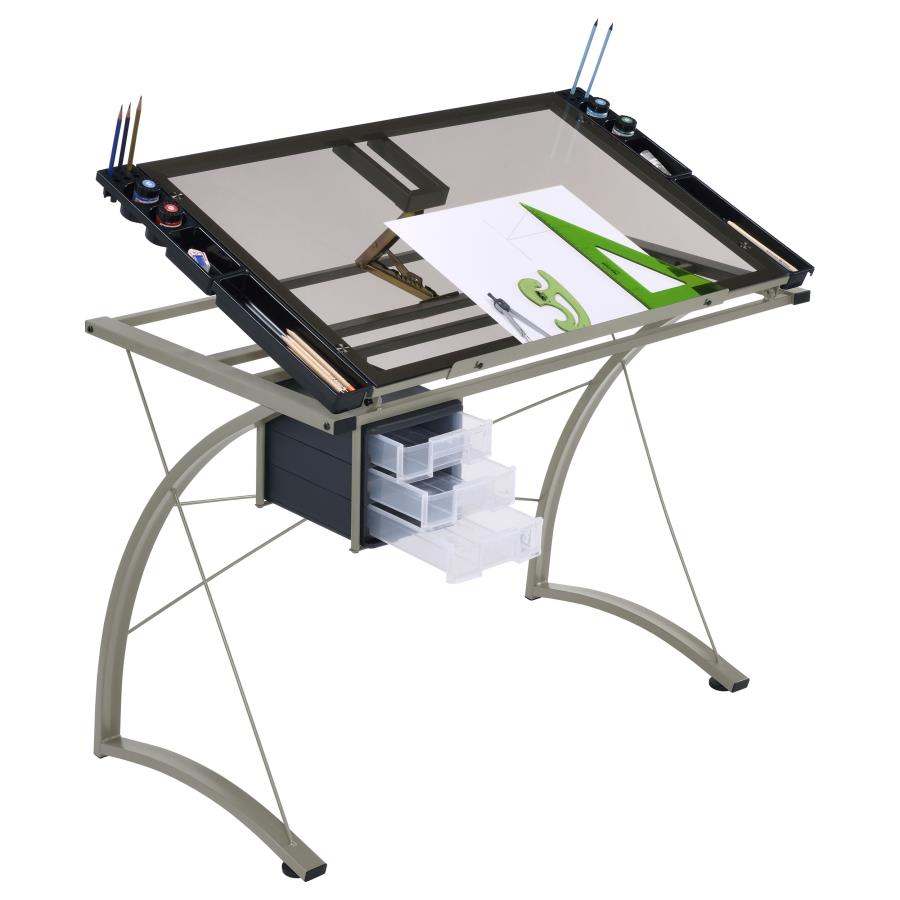 Melo 41-inch Glass Top Drafting Table with Storage Silver - 800986