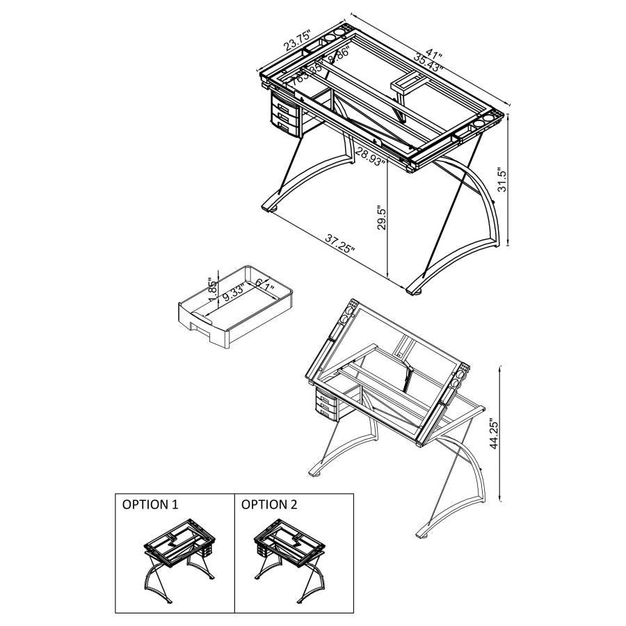 Melo 41-inch Glass Top Drafting Table with Storage Silver - 800986