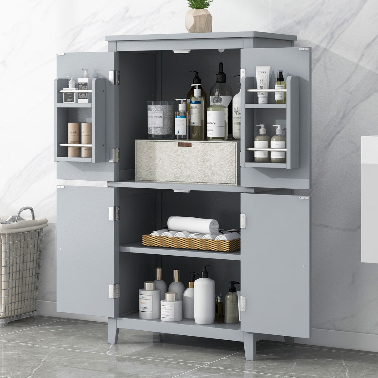 Elegant Bathroom Floor Storage Cabinet With 4 Doors, Adjustable Shelves