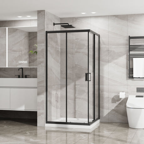 Corner Shower Enclosure, Double Sliding Door & Shower Base - Matte Black