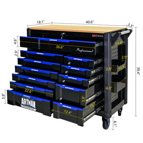 12 Layer Drawer Multi Purpose Tool Cart With Wheels And Wooden Countertops - Black / Blue