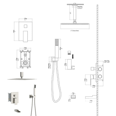 Modern Shower System With Waterfall Tub Spout, 12" Ceiling Mount Square Shower
