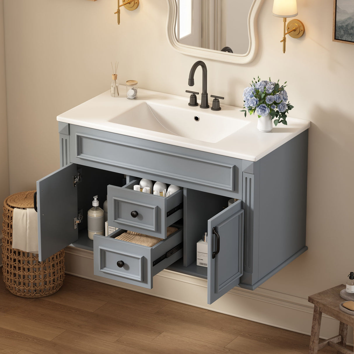 French Simple Style Wall Mounted Bathroom Cabinet With Sink