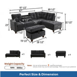 L - Shaped 3 Piece Sectional Sofa With Chaise, Storage Ottoman & Cup Holders