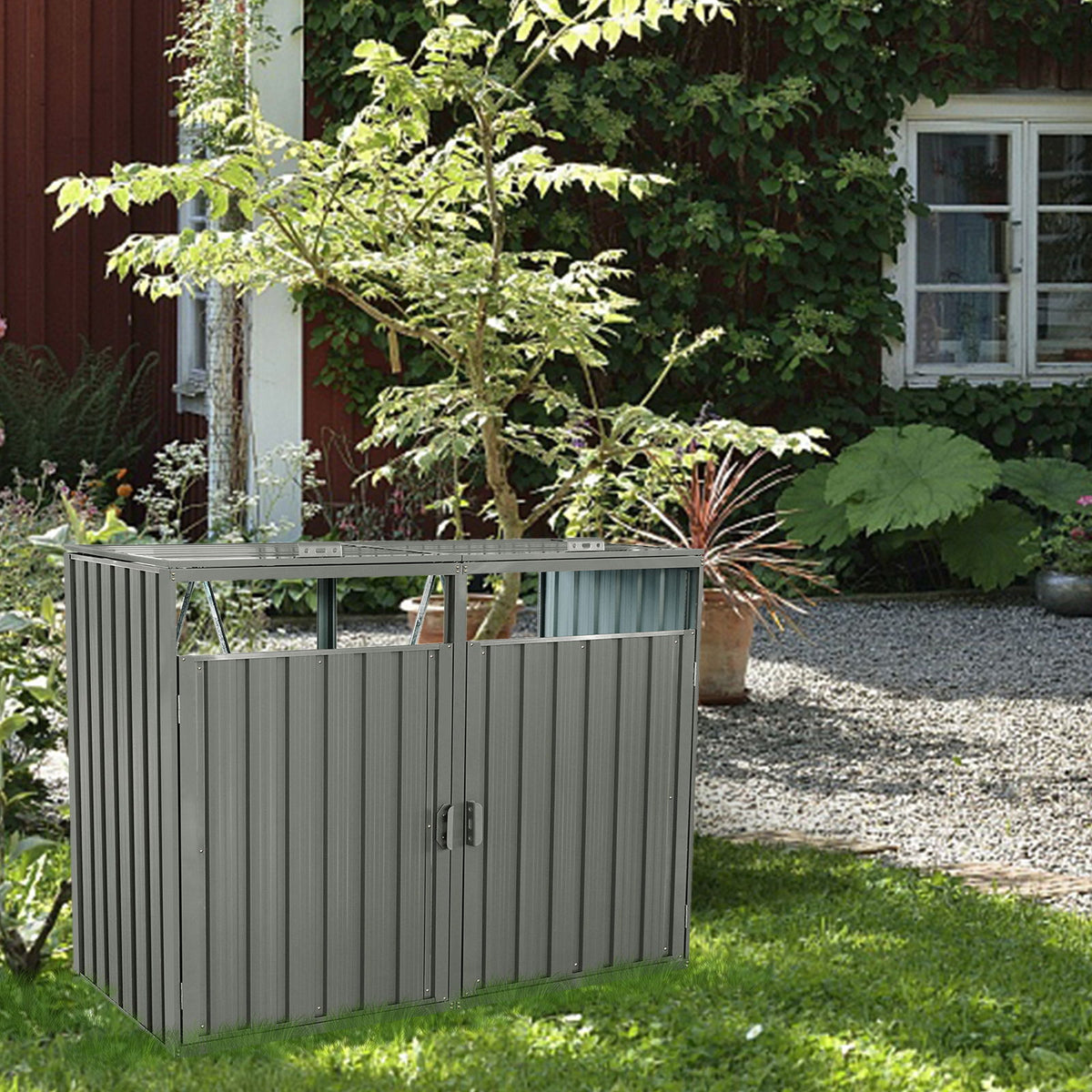Garbage Bin Shed Stores 2 Trash Cans Metal Outdoor Bin Shed For Garbage Storage, Stainless Galvanized Steel, Bin Shed For Garden Yard Lawn