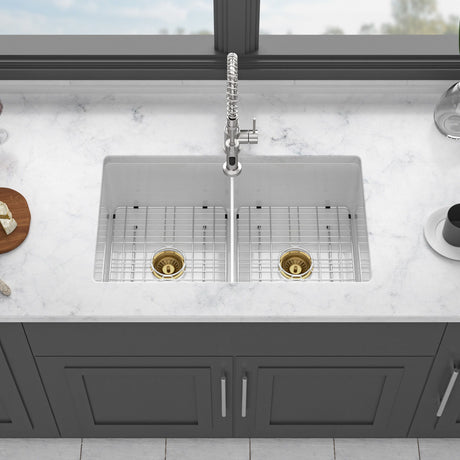 32" Undermount Double Bowl Kitchen Sink Rectangular Deep Dual Bas With Grids - White