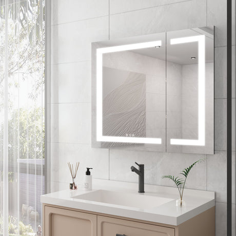 36" X 30" Medicine Cabinet With LED Vanity Mirror, Anti-Fog Recessed Or Surface Mount Bathroom Double Door Large Storage 3000K~6000K Bright Lighted Aluminum Storage Cabinet With Touch Switch - Silver